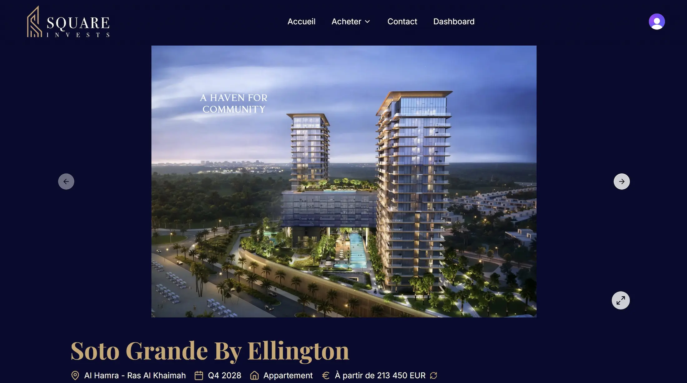 Capture du site Square Invests (Fiche d’un bien)