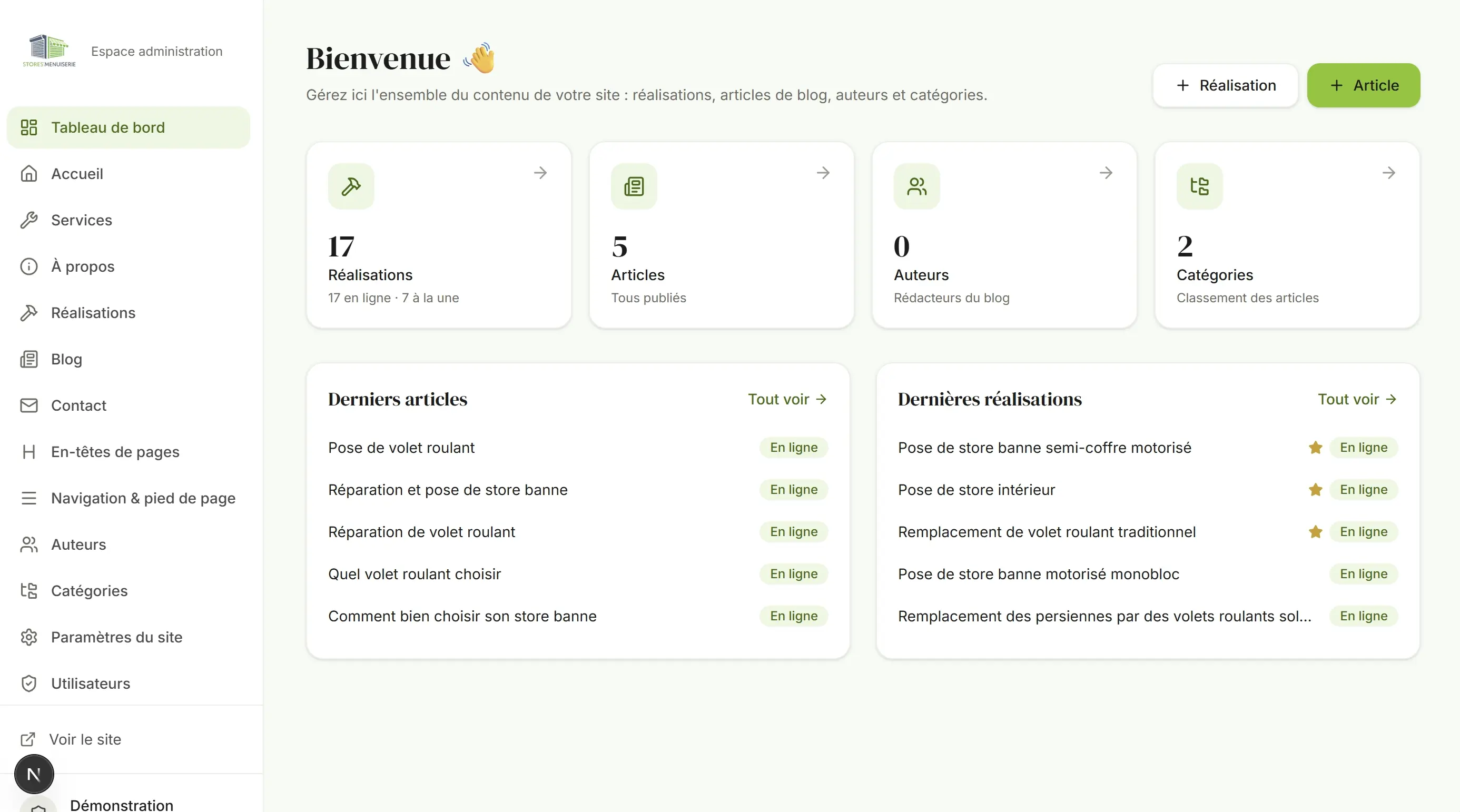 Capture du site Stores’Menuiserie (Administration)